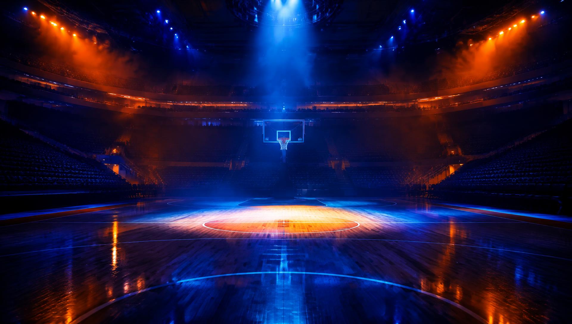 Basketball arena under blue and orange lights